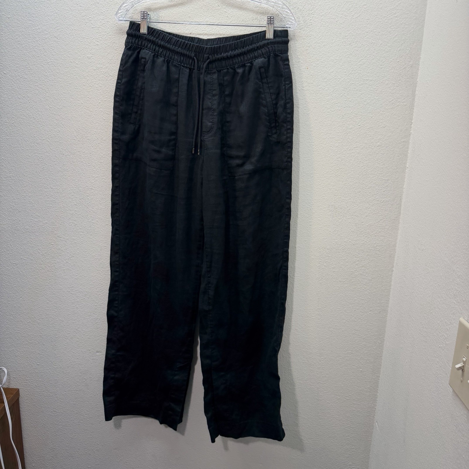 Athleta Retreat Linen High Rise Wide Leg Pants Black Size S Pull On Stretch